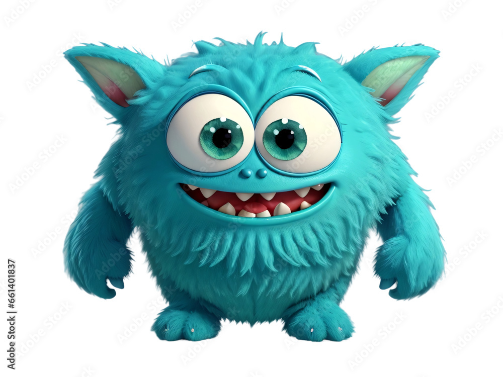 Cute and funny blue monster 3D cartoon character on transparent background. Generative Ai.