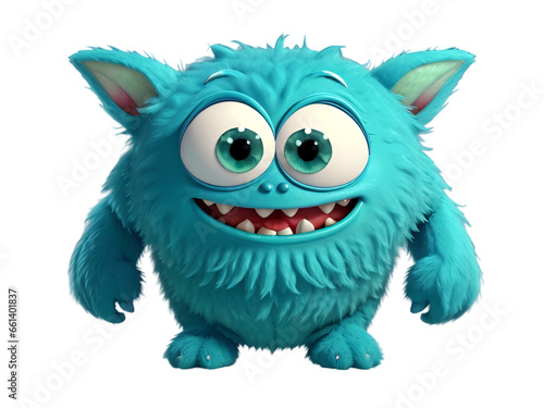 Cute and funny blue monster 3D cartoon character on transparent background. Generative Ai.
