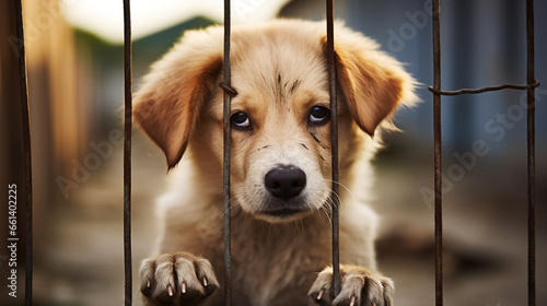 copy space, stockphoto, Sad dog behind the fence. Homeless dog behind bars in an animal shelter. Dog waiting to be adopted by a nice warm family. Abandoned rescued dog in a shelter. Animal care. Anima © Dirk