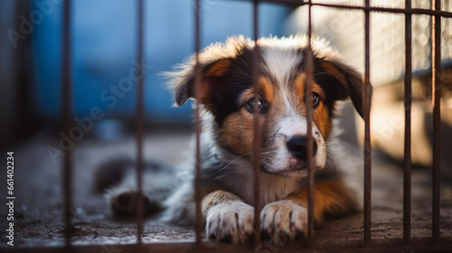 copy space, stockphoto, Sad dog behind the fence. Homeless dog behind bars in an animal shelter. Dog waiting to be adopted by a nice warm family. Abandoned rescued dog in a shelter. Animal care. Anima