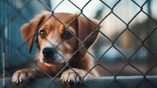 copy space, stockphoto, Sad dog behind the fence. Homeless dog behind bars in an animal shelter. Dog waiting to be adopted by a nice warm family. Abandoned rescued dog in a shelter. Animal care. Anima