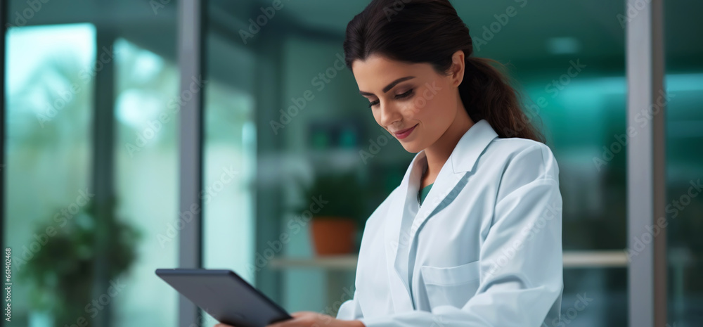 Medical hospital portrait: Confident female medical doctor using tablet . Healthcare concept. Generative AI Medical hospital portrait: Confident female medical doctor using tablet . Healthcare concept. Generative AI