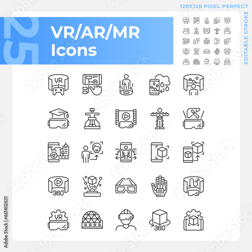 2D pixel perfect black icons pack representing VR, AR and MR, editable thin line illustration.