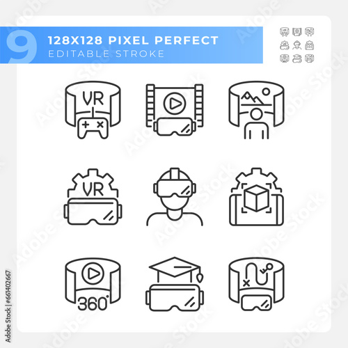 2D pixel perfect icons collection representing VR, AR and MR, editable black thin line illustration.