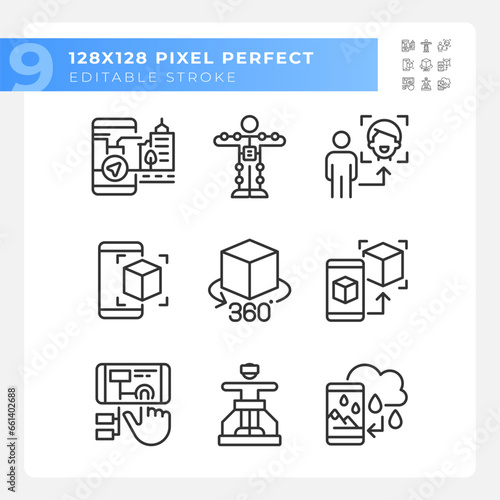 Pixel perfect black icons set of VR, AR and MR, editable thin linear illustration.