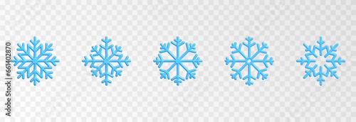 Vector set of snowflakes png. Snowflakes of different shapes PNG. Volumetric blue snowflakes.