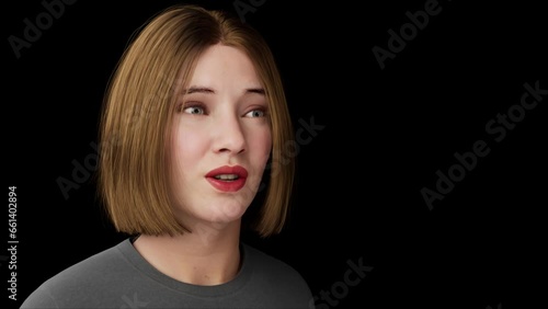 Metaverse female avatar in virtual chat world. Artificial human character talking. Beautiful 3d model human scan animated.