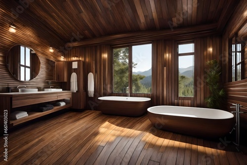 Interior of bathroom made of wood © Arham