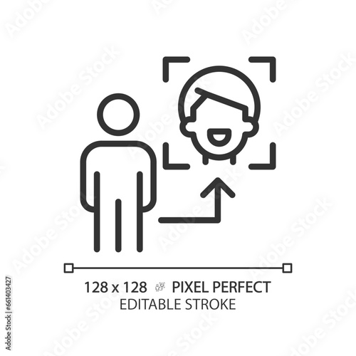 2D pixel perfect editable black face recognition icon, isolated simple vector, thin line illustration representing VR, AR and MR.