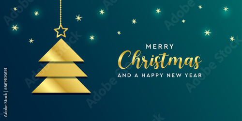 christmas greeting card with golden fir tree vector illustration