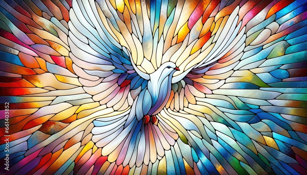 Colorful stained-glass Winged dove, a representation of the New Testament Holy Spirit - obrazy, fototapety, plakaty 