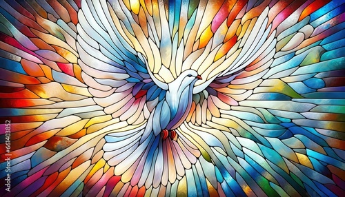 Colorful stained-glass Winged dove, a representation of the New Testament Holy Spirit