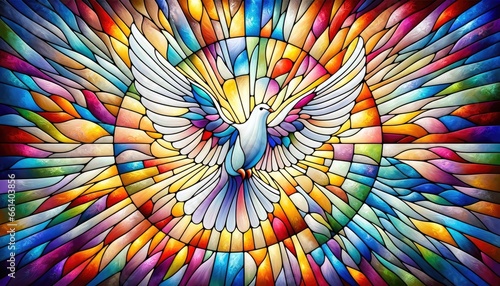 Colorful stained-glass Winged dove, a representation of the New Testament Holy Spirit