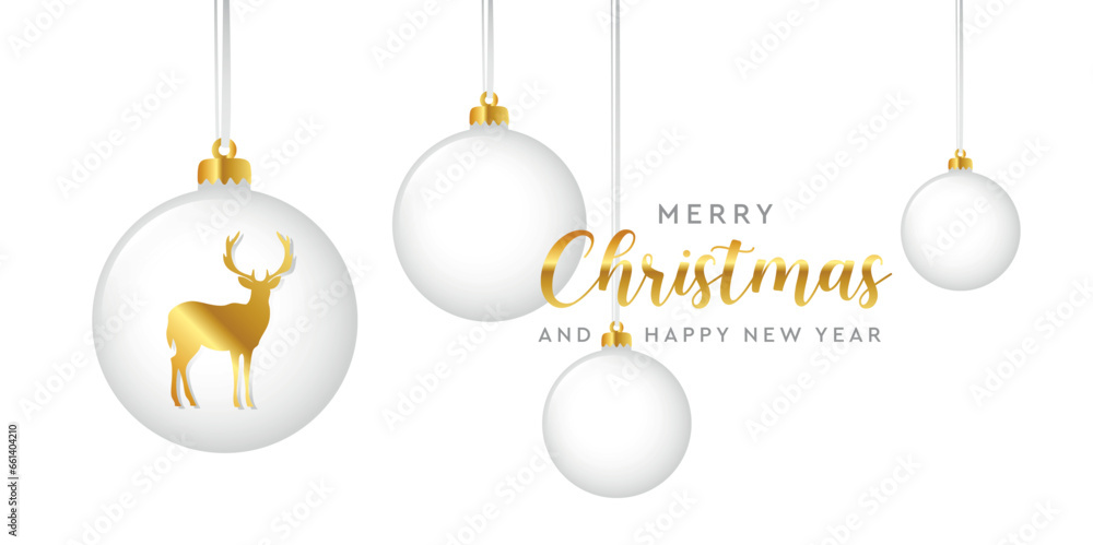 luxury golden christmas greeting card deer and christmas balls vector illustration - obrazy, fototapety, plakaty 