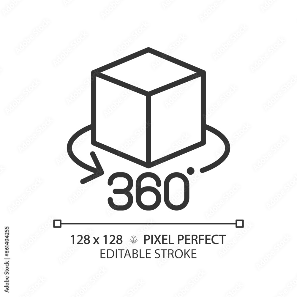 2D pixel perfect editable black VR 360 icon, isolated simple vector, thin line illustration representing VR, AR and MR.
