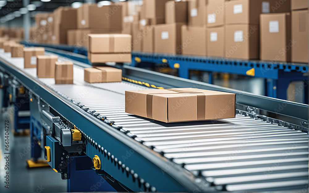 Closeup of multiple cardboard box packages moving along the conveyor belt in a e-commerce warehouse - Generative AI Closeup of multiple cardboard box packages moving along the conveyor belt in a e-commerce warehouse - Generative AI
