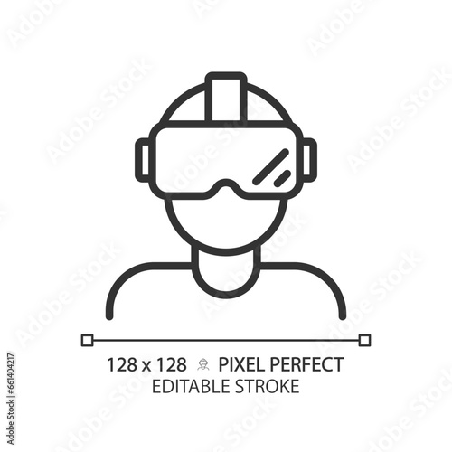 2D pixel perfect editable black virtual reality simulator icon, isolated simple vector, thin line illustration representing VR, AR and MR.