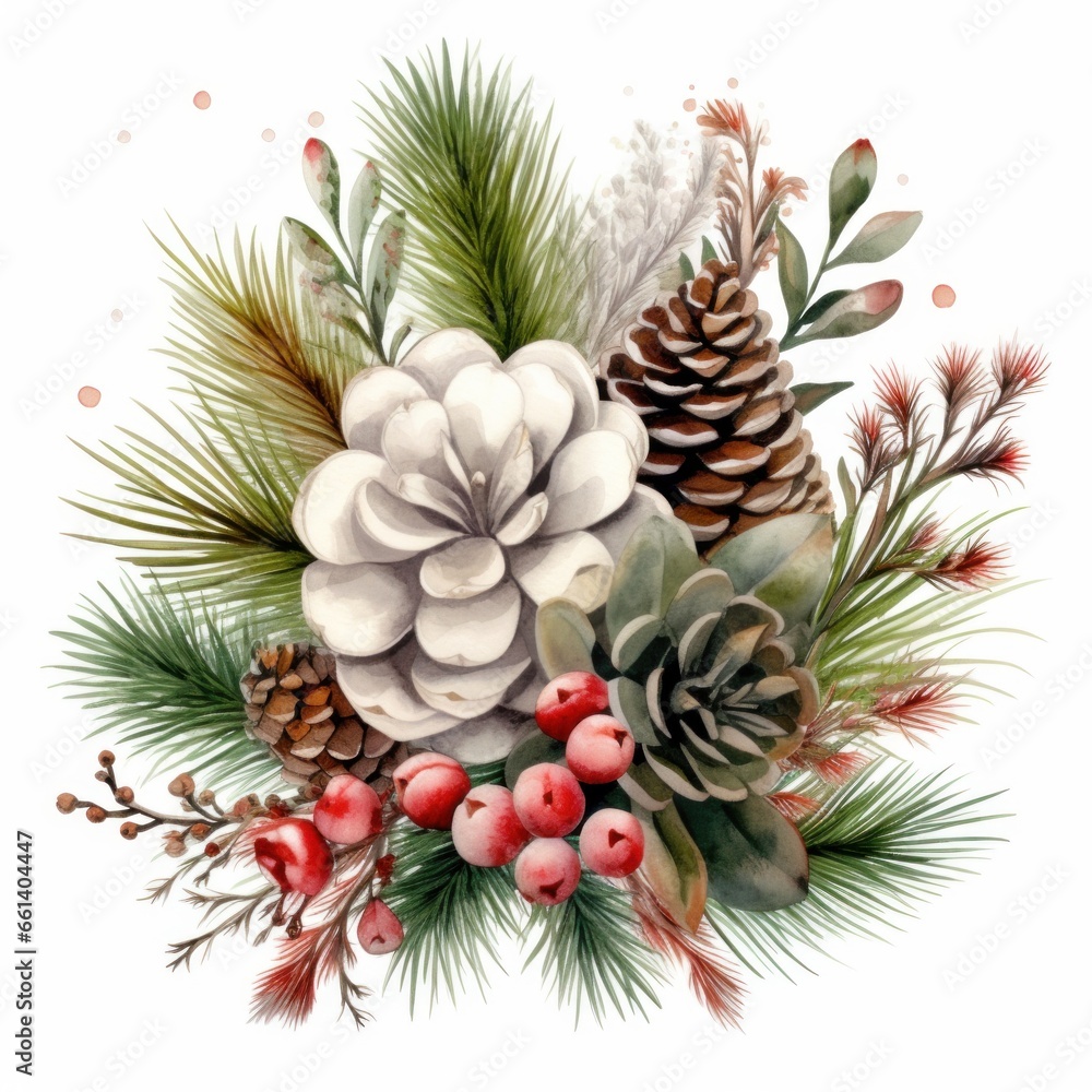 Winter bouquet of fir branches and cones as a wedding or ritual for condolences, Christmas in watercolor style postcard Winter bouquet of fir branches and cones as a wedding or ritual for condolences, Christmas in watercolor style postcard