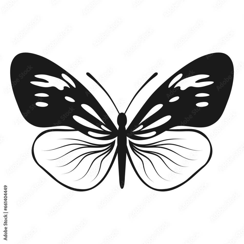 Vector Butterfly Black Silhouette Isolated on White Background. Decorative Insect Illustration