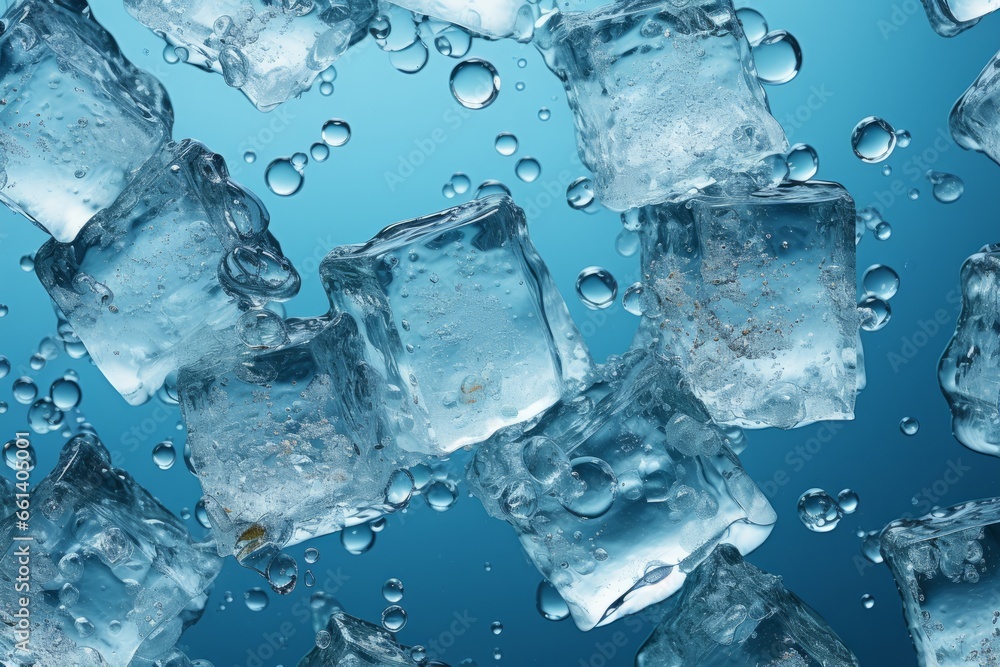 An impactful banner featuring ice cubes with water against a refreshing blue background, Generative AI An impactful banner featuring ice cubes with water against a refreshing blue background, Generative AI