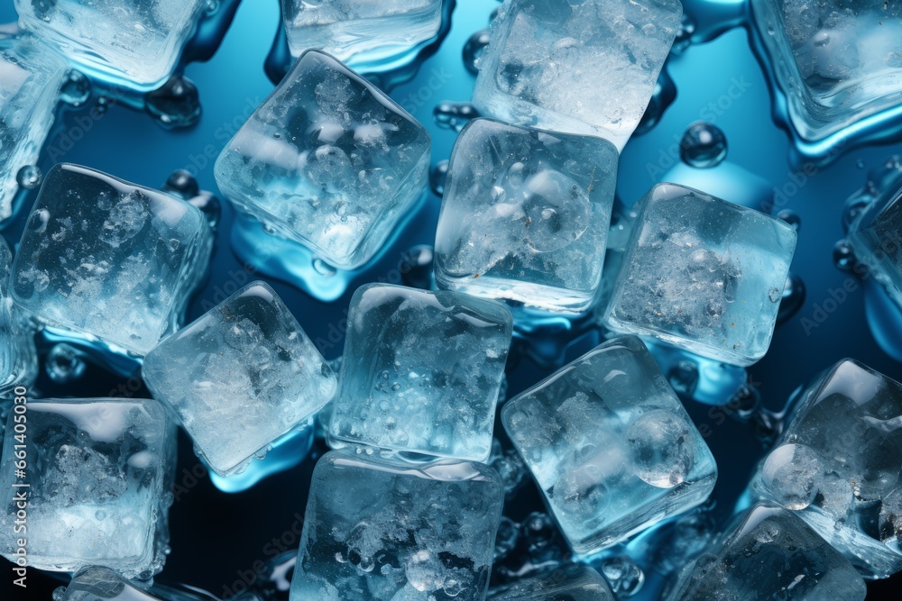 Top view capturing ice cubes floating in water on a serene blue background, Generative AI