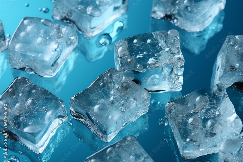 Top view capturing ice cubes floating in water on a serene blue background, Generative AI