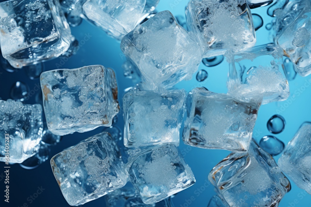 Top view capturing ice cubes floating in water on a soothing blue background, Generative AI