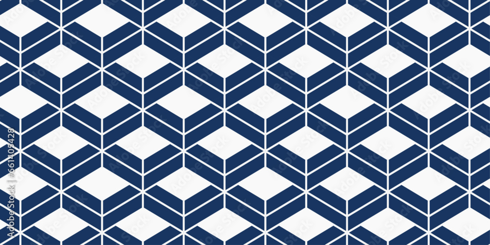 Fototapeta premium White diamonds with blue chevrons. Vector simple pattern of repeating rhombuses. Geometric vector pattern.