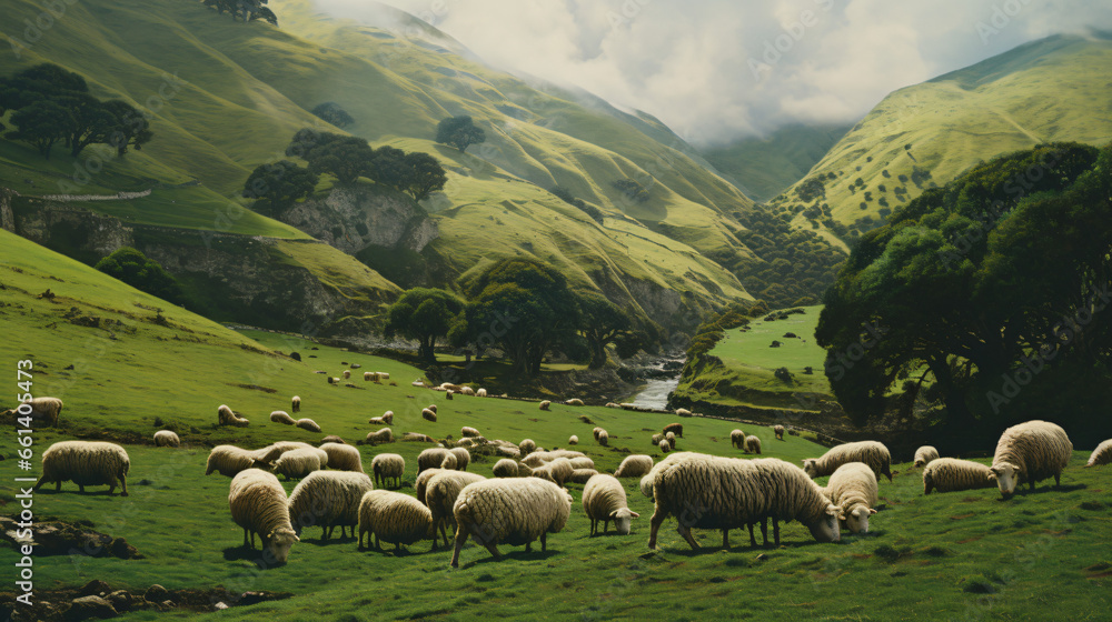 A herd of sheep grazing on a lush green hillside - obrazy, fototapety, plakaty 