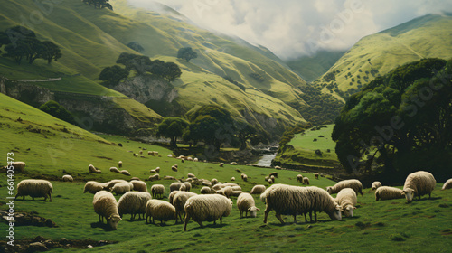 A herd of sheep grazing on a lush green hillside photo