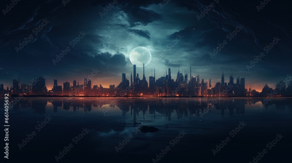 Blue Full moon against the backdrop of a night city landscape, astrology theme, supermoon and other planets