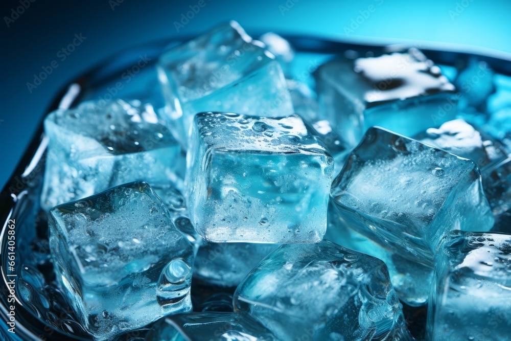 Top view of ice cubes with water on a vibrant blue background, evoking the concept of refreshing drinks Generative AI