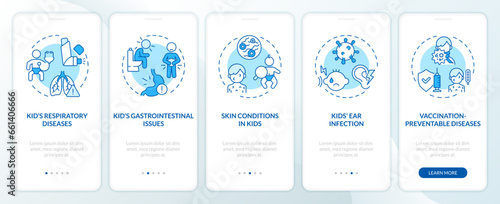 2D icons representing parenting children thin line mobile app screen set. Walkthrough 5 steps blue graphic instructions with thin line icons concept, UI, UX, GUI template.
