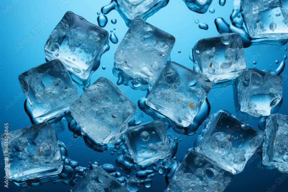 A vibrant banner displaying ice cubes floating in the water on a cool blue backdrop, Generative AI A vibrant banner displaying ice cubes floating in the water on a cool blue backdrop, Generative AI