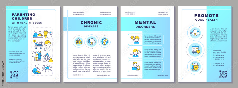 2D parenting children with health issues blue brochure template, leaflet design with thin line icons, 4 vector layouts.