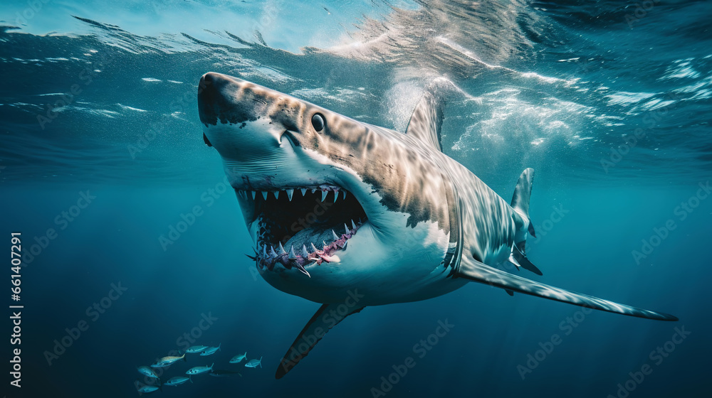 Fototapeta premium Shark swimming under sun rays in the blue ocean waters. Generative AI