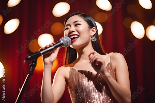A beautiful asian young woman in a shiny dress with a microphone sings on the stage the concept of learning vocals. performance of the singer at the New Year's holiday
