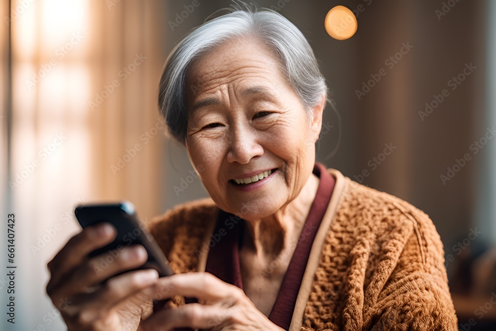 Elderly happy Asian woman looks into a smartphone on a white background - obrazy, fototapety, plakaty 
