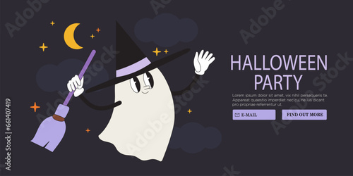 Groovy retro ghost halloween banner. Funky spooky boo character. Magic scary spirits in witch costume. Cartoon illustrations of comic phantom for web banner, poster, placard car or party invitation.