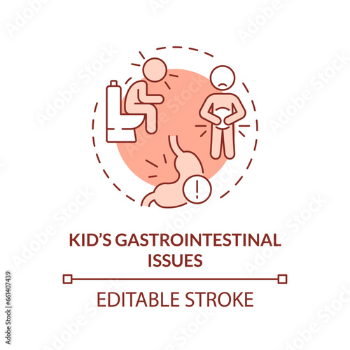 2D editable thin line icon kids gastrointestinal issues concept, isolated monochromatic vector, red illustration representing parenting children with health issues.