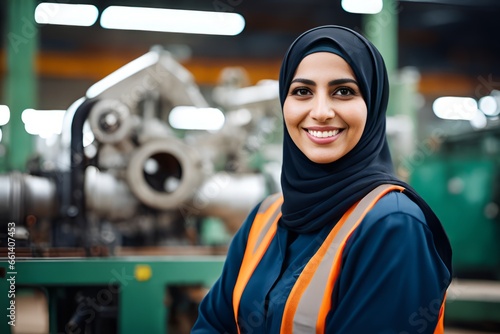 Engineer woman worker, working women happy smiling in heavy industry machinery factory.