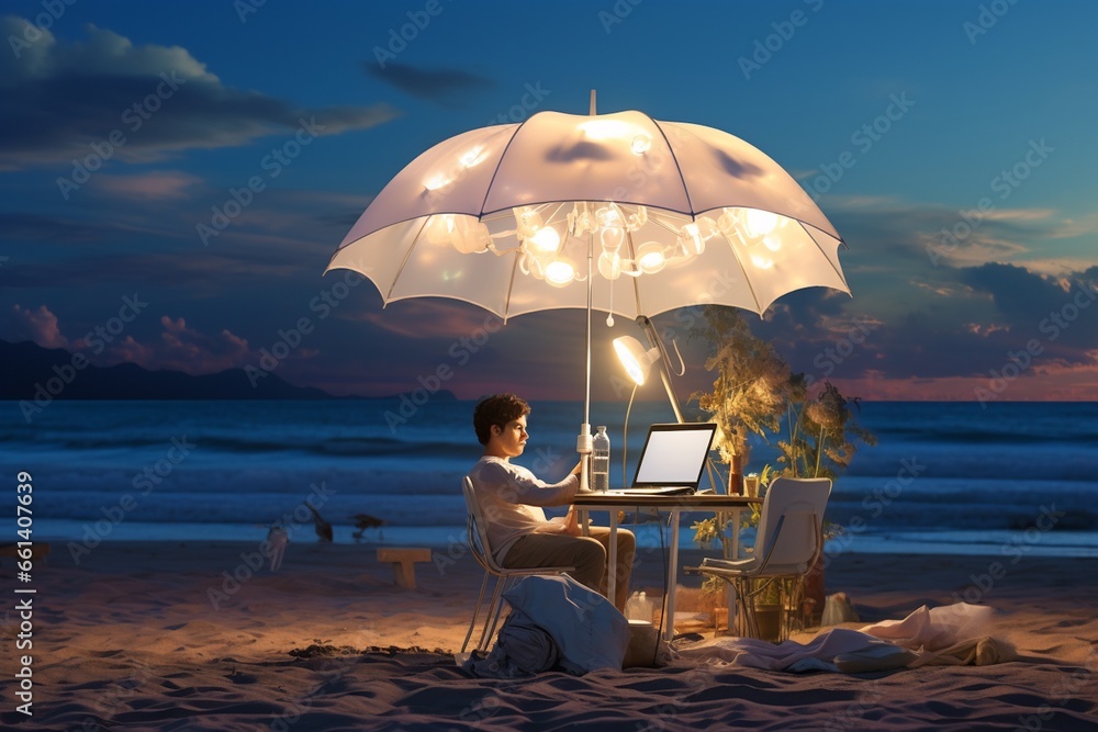 Digital Nomad Working Under Beach Umbrella Created with Generative AI