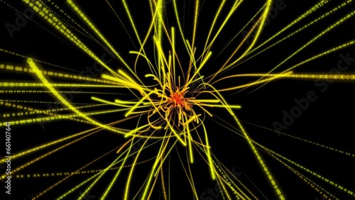 Bright energetic abstract stream of yellow rays on black background