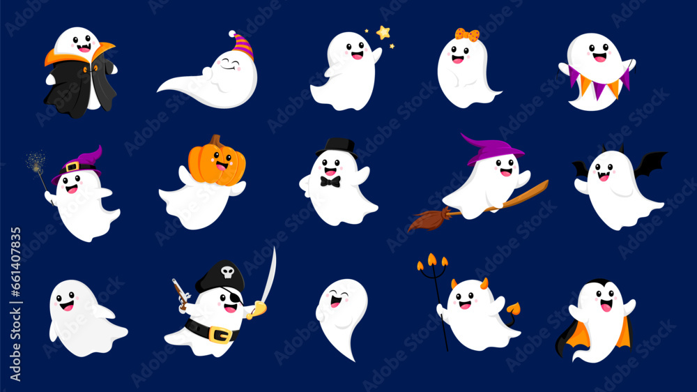 Cartoon Halloween kawaii ghost characters and boo