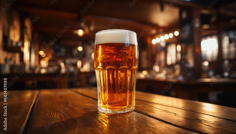 Glass of light beer on a dark pub. 