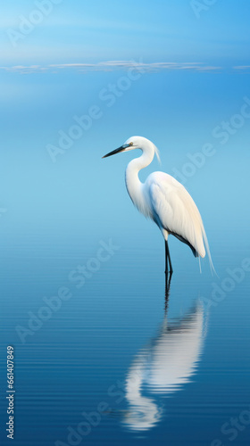 Shallow azure water reflecting a standing heron white. natural background .