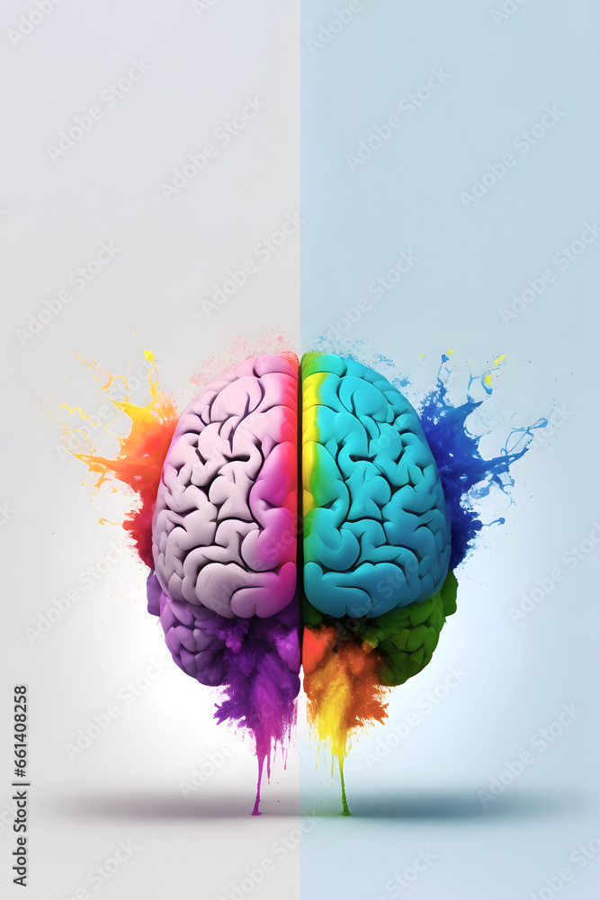 Bold illustration of human brain with rainbow colors paint exploding ...
