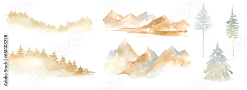 watercolor misty landscape with rocks fog and pine trees, fall mountain clipart, landscape background clipart, trees mountains clipart for greeting cards, save the date, stationery design