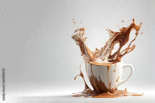 Splash of milk and coffee in a coffee cup on a white background. Bright minimal 3D design. Creative copy space.