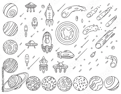 Set of space, star elements, adventures in space, transport, vector set for children, doodle illustrations, coloring book. Drawing with a brush
